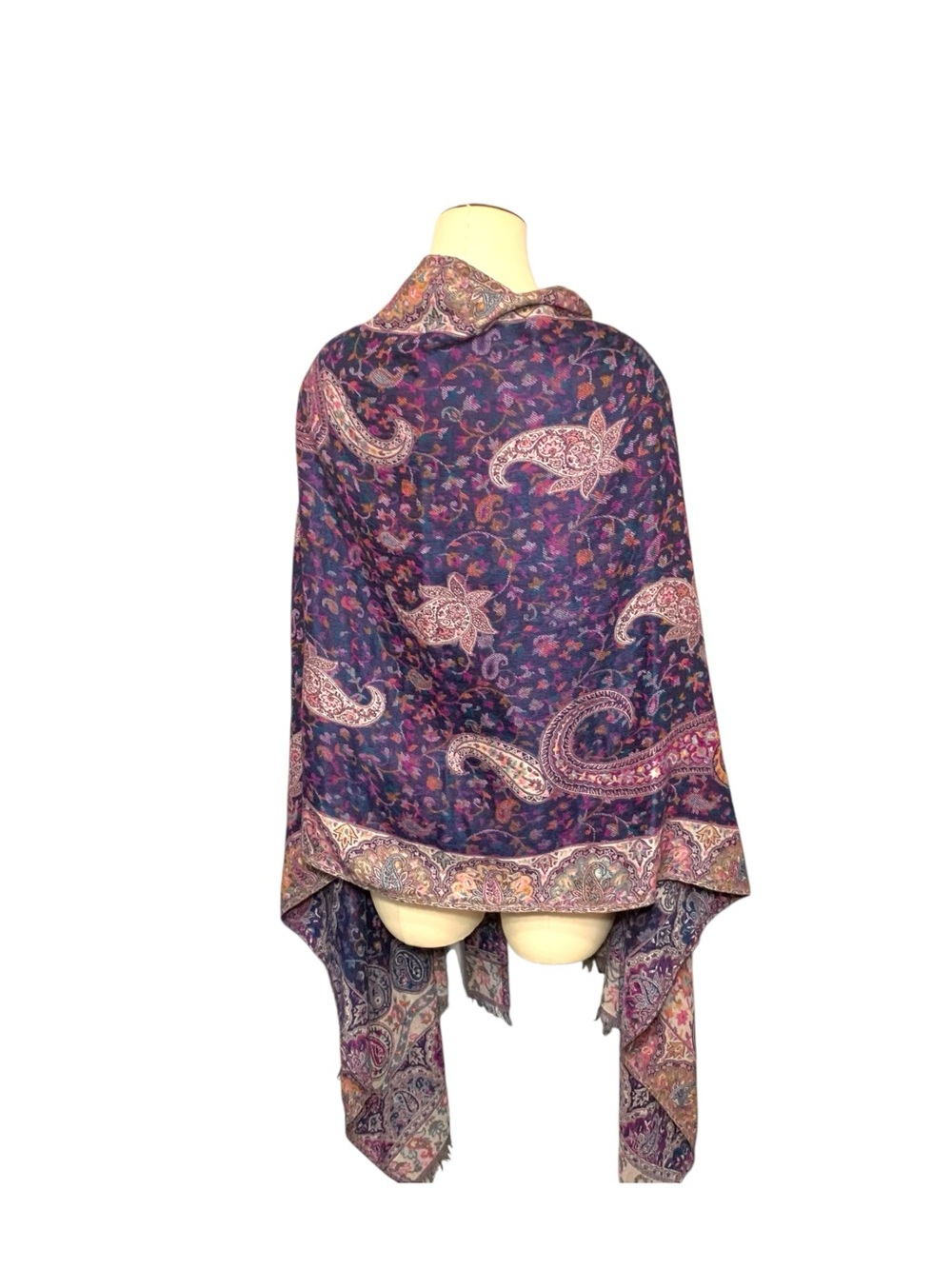 Paisley Woven Scarf Wrap Purple Cream Rectangle Fringed Shawl 28"X80" Reversible - Picture 5 of 11